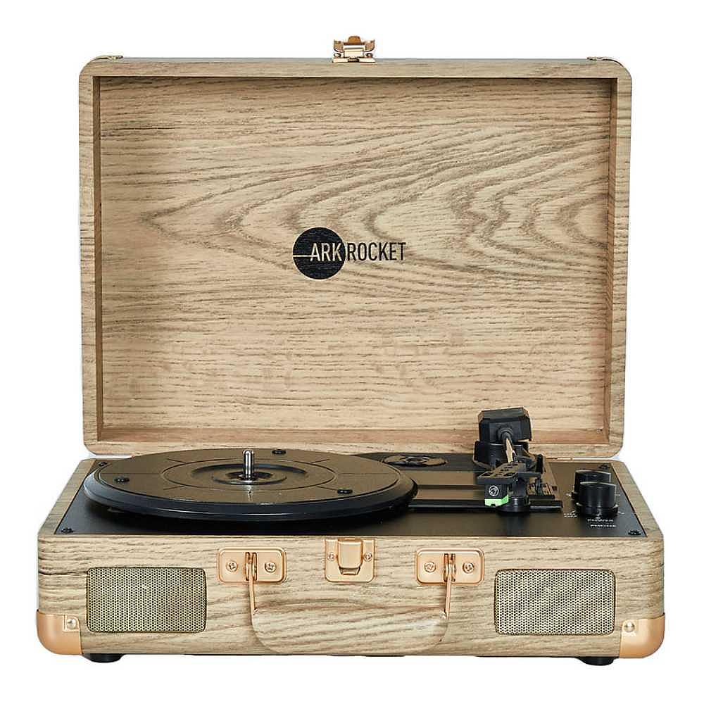 Arkrocket Curiosity Suitcase Bluetooth Turntable (Wood Grain) is fully open showing the vinyl-playing surface and logo inside the lid