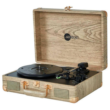 Arkrocket Curiosity Suitcase Bluetooth Turntable (Wood Grain) is shown open displaying its wooden exterior and controls