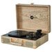 Arkrocket Curiosity Suitcase Bluetooth Turntable (Wood Grain) is shown open displaying its wooden exterior and controls