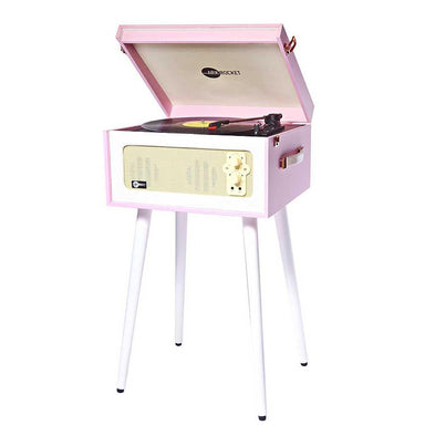 Arkrocket Discovery Bluetooth Record Player Stand with 3-Speed Turntable (PinkWhite) appears with the lid open