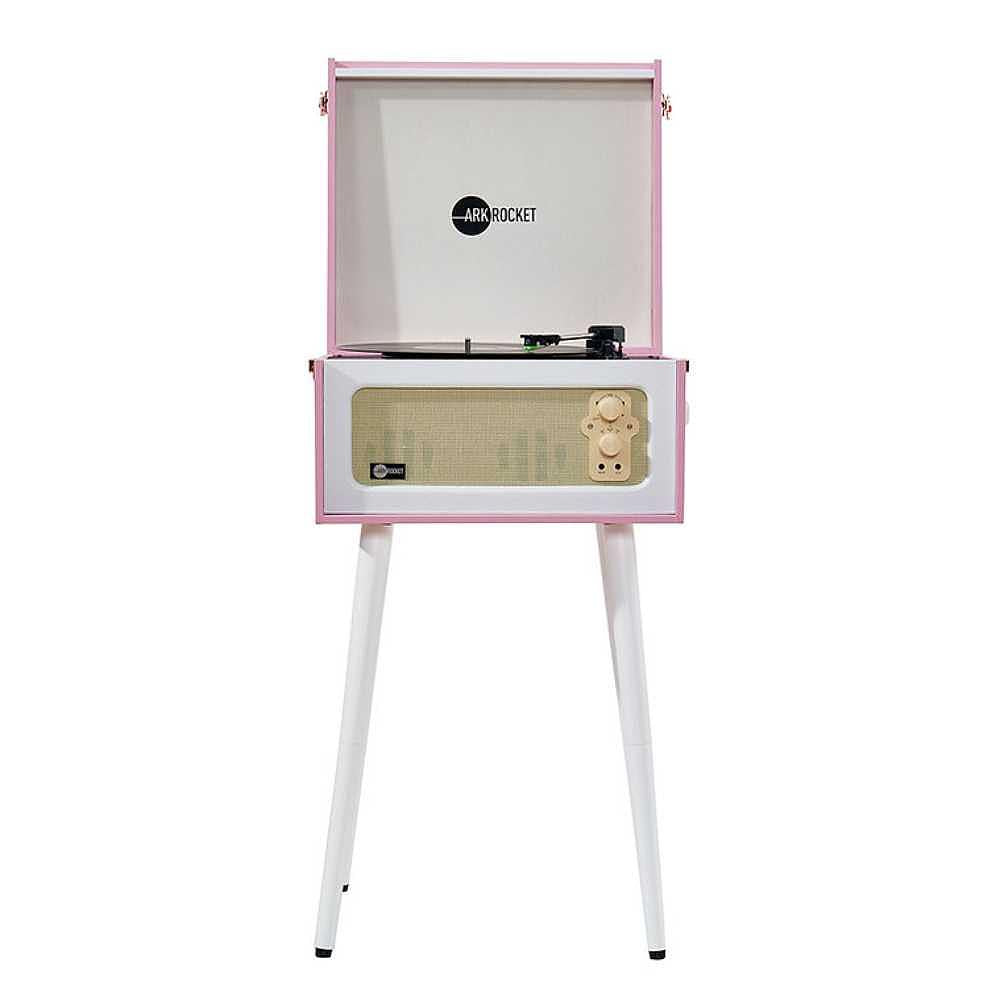 Arkrocket Discovery Bluetooth Record Player Stand with 3-Speed Turntable (PinkWhite) is displayed open