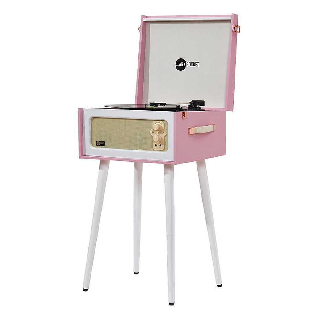 Arkrocket Discovery Bluetooth Record Player Stand with 3-Speed Turntable (PinkWhite) is photographed from an angle