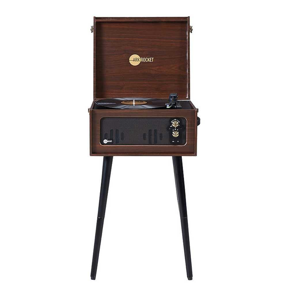 Arkrocket Discovery II Bluetooth Record Player Stand with 3-Speed Turntable (Espresso) showing its raised design with four long legs and an open turntable