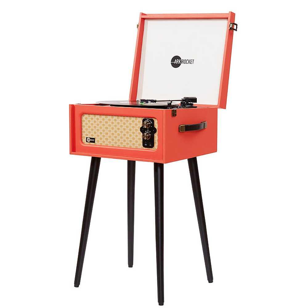 Arkrocket Discovery II Bluetooth Turntable Record Player With Legs (Orange) stands tall on its black legs, lid open