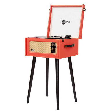 Arkrocket Discovery II Bluetooth Turntable Record Player With Legs (Orange) stands tall on its black legs, lid open