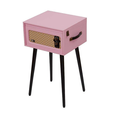 Arkrocket Discovery II Bluetooth Turntable Record Player With Legs (Pink) is closed, standing on its tall black legs