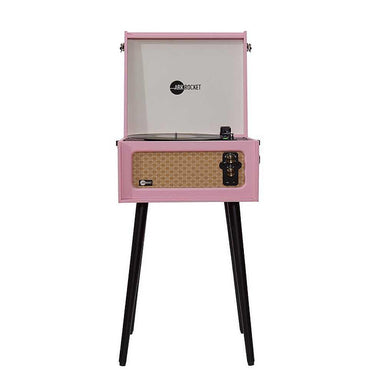 Arkrocket Discovery II Bluetooth Turntable Record Player With Legs (Pink) is shown from the front with its lid open