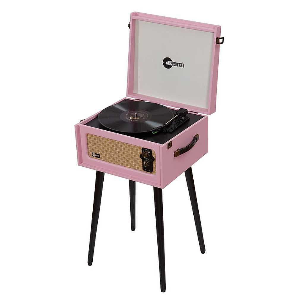 Arkrocket Discovery II Bluetooth Turntable Record Player With Legs (Pink) is shown with a record spinning