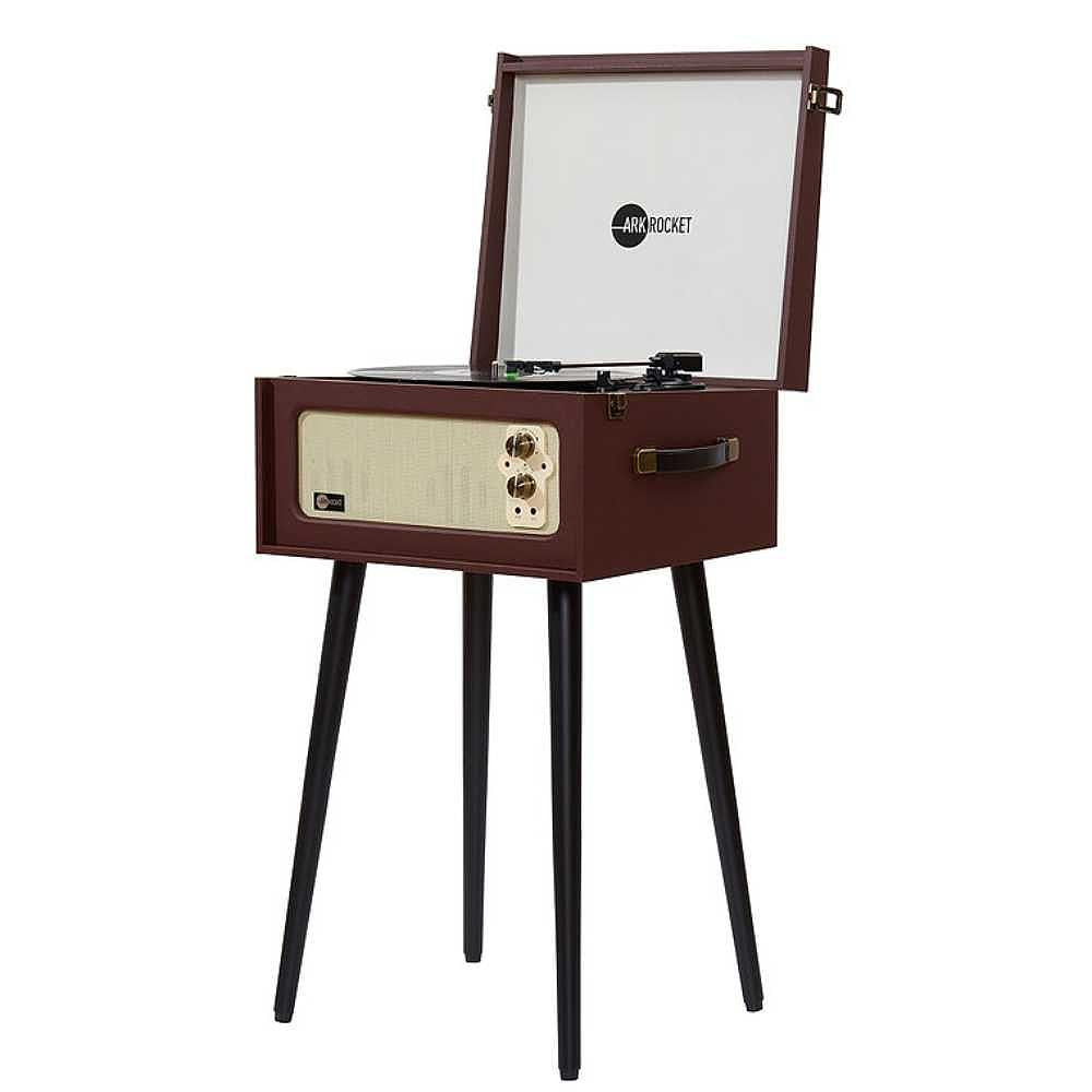 Arkrocket Discovery II Console 3-Speed Bluetooth Record Player with Legs (Brown) with its lid open and ready to play