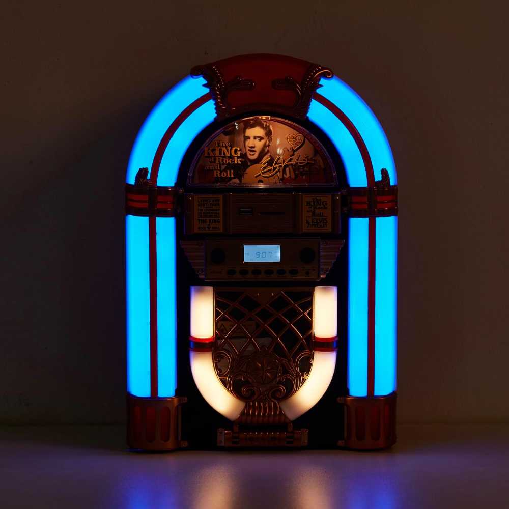 Arkrocket Elvis Presley Mini Jukebox Tabletop CD Player Bluetooth Speaker (BlackGold) features a glowing blue and white retro jukebox design with an Elvis Presley portrait at the top