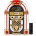 Arkrocket Elvis Presley Mini Jukebox Tabletop CD Player Bluetooth Speaker (BlackGold) is shown from the front with gold accents and a remote control