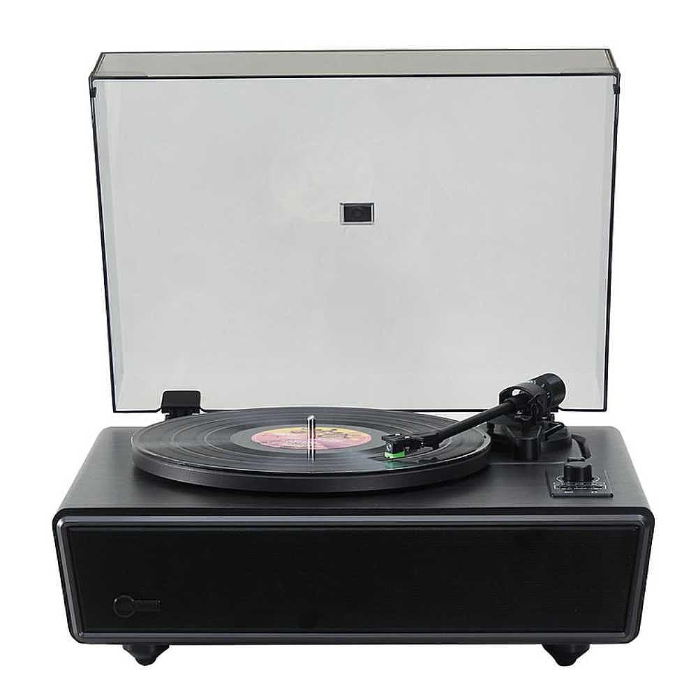 Arkrocket Huygens Bluetooth Turntable with Built-in Speakers (Black) directly from the front with the lid open and a vinyl record on the platter