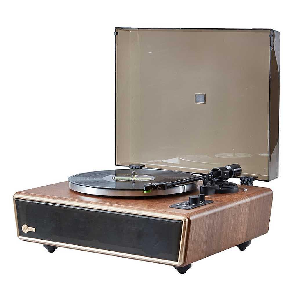 Arkrocket Huygens Bluetooth Turntable with Built-in Speakers (Walnut) from a front view with the dust cover open