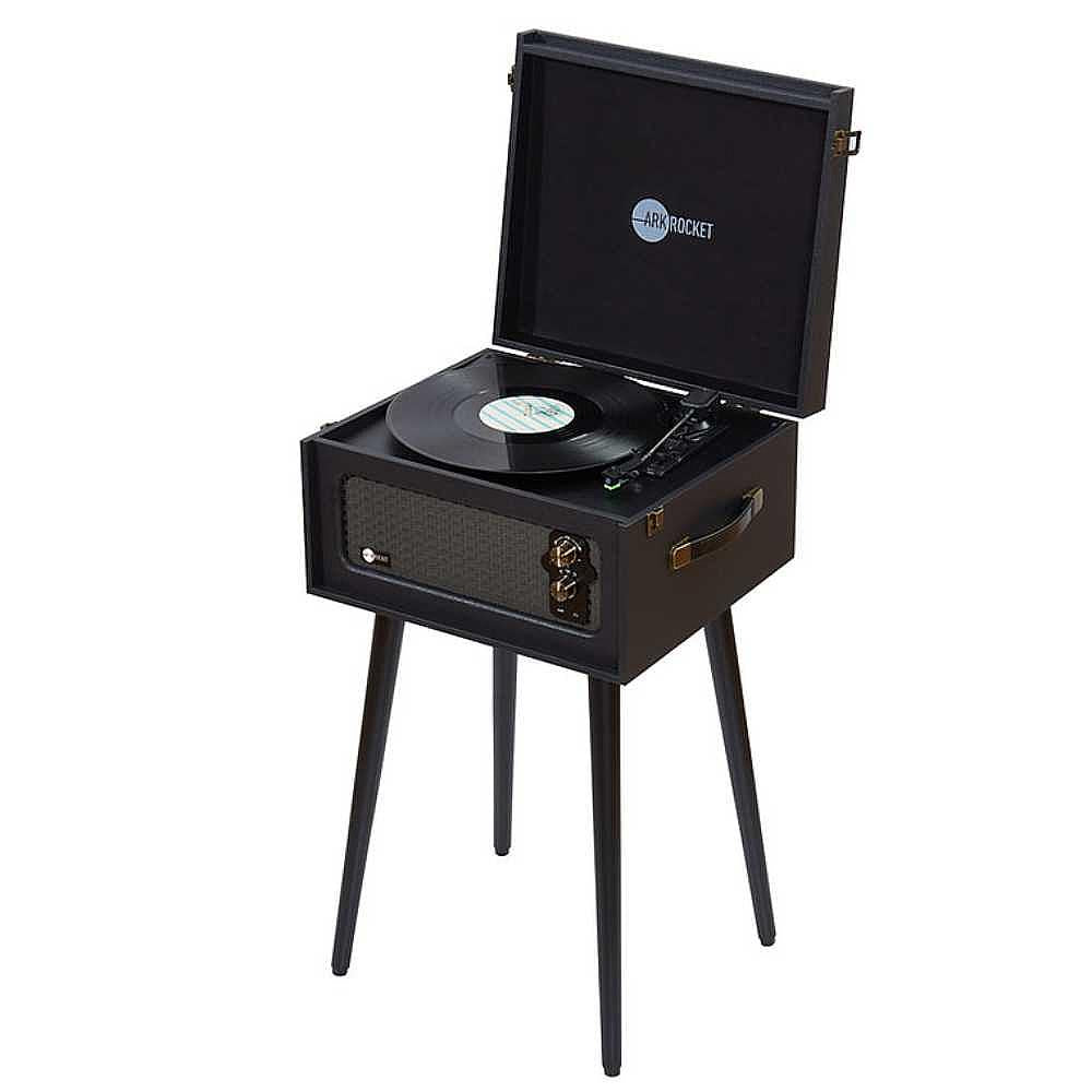 Arkrocket Retro Turntable Wireless Record Player With Legs (Black) is displayed with its sturdy black legs