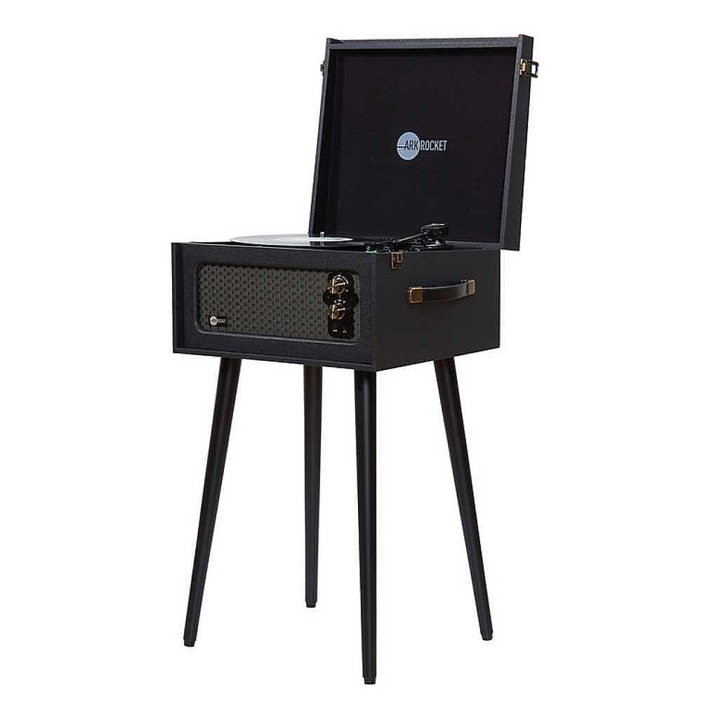 Arkrocket Retro Turntable Wireless Record Player With Legs (Black) is displayed with the lid open, showing a vinyl record