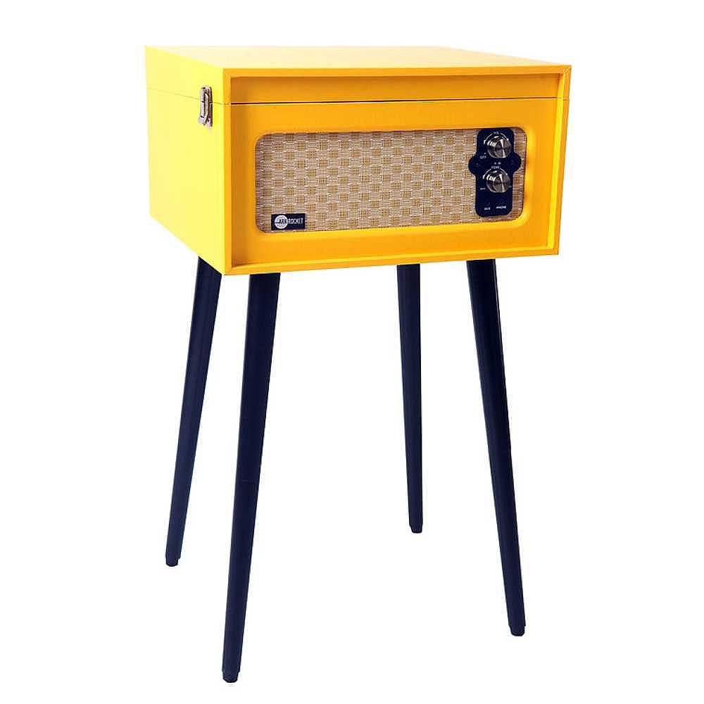 Arkrocket Retro Turntable Wireless Record Player With Legs (Yellow) is shown closed, with its bright yellow case and black legs