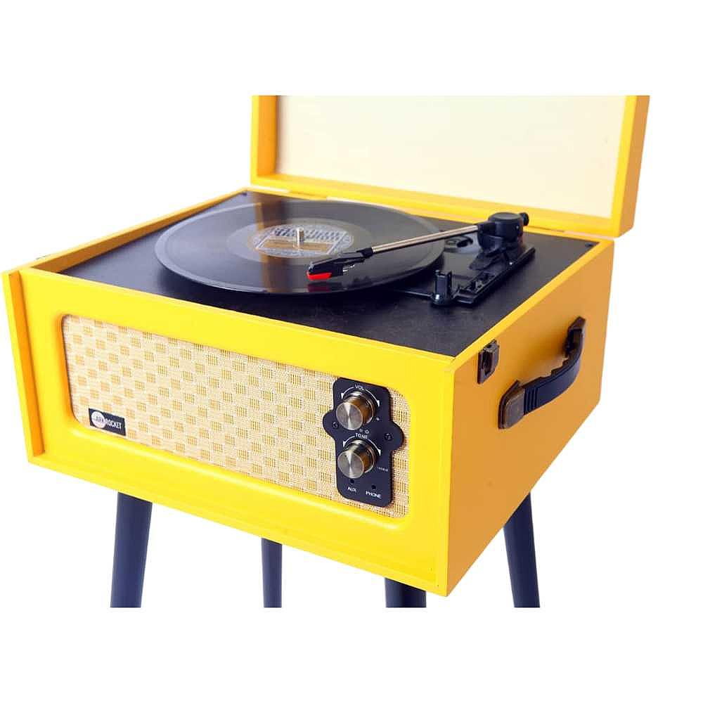 Arkrocket Retro Turntable Wireless Record Player With Legs (Yellow) is shown with its lid open, displaying a vinyl record spinning on the turntable