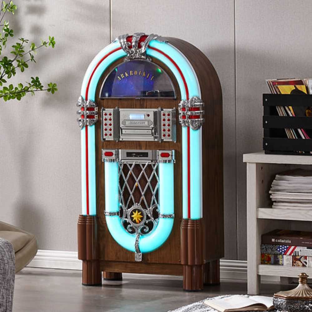 Arkrocket Taurus II Jukebox - Dark Oak 2024 New Upgrade in a living room illuminated by its cool blue neon lights