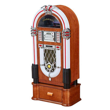 Arkrocket Taurus II Jukebox with Stand - Maple 2024 New Upgrade displays a vintage design with a rich maple wood finish and classic chrome accents