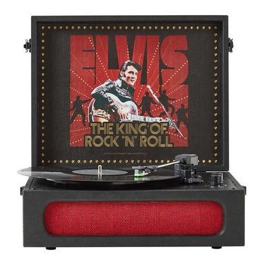 Arkrocket x Elvis Bluetooth Portable Record Player - Elvis Presley '68 is displayed with a vinyl spinning on the turntable and Elvis' portrait in the background