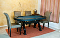 A room with four Coffee BBO Poker Tables Premium Lounge Chairs (Set of 2) around a black poker table with a blue playing surface