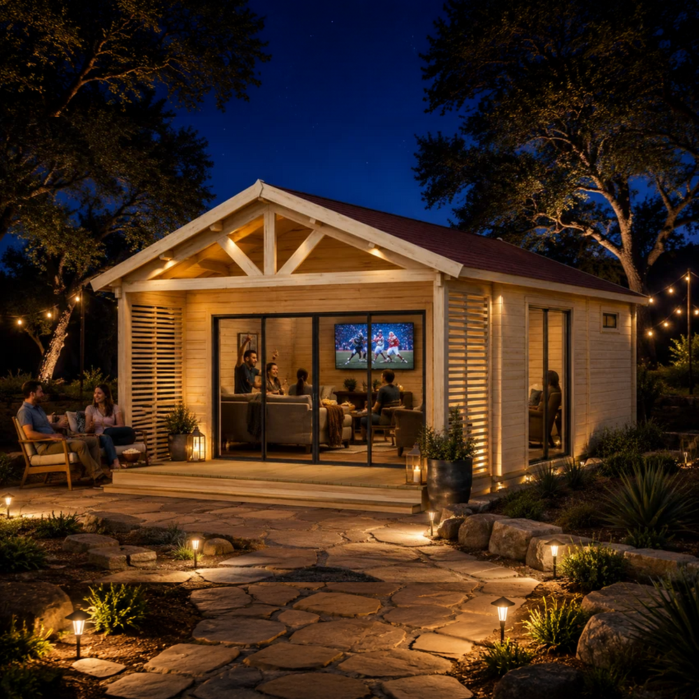 Lighted wood studio with glass doors and stone path at night. People sit inside the ALU Concept Arosa 44A Freedom Office.