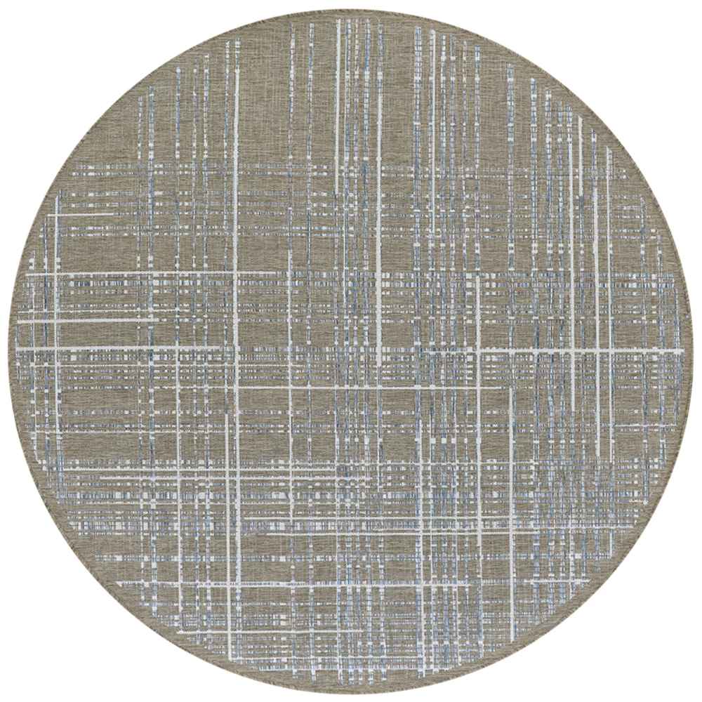 A round Couristan Charm Indoor/Outdoor Rug - Ohe/Sand-Ivory features a soft sand color with intersecting ivory and grey-blue lines forming a grid pattern