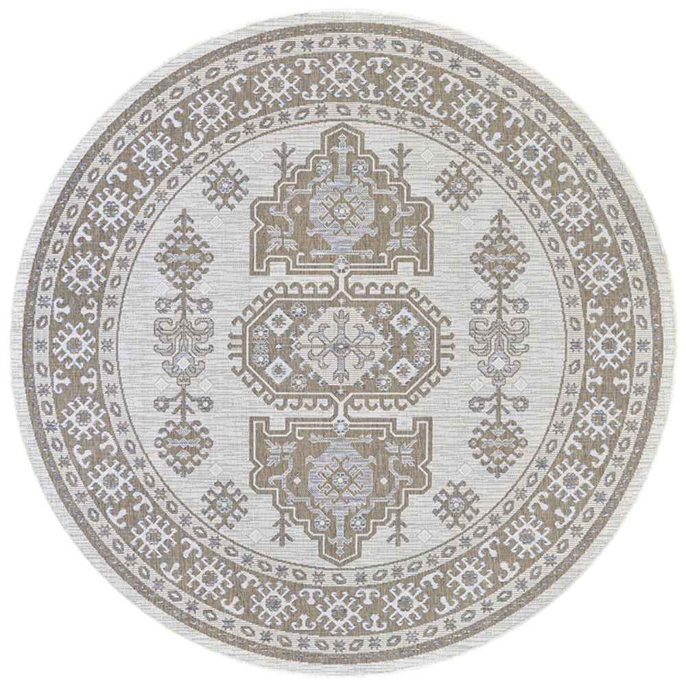 A round Couristan Charm Indoor/Outdoor Rug - Woodburn/Ivory-Sand features a symmetrical medallion pattern in soft ivory, sand, and grey tones