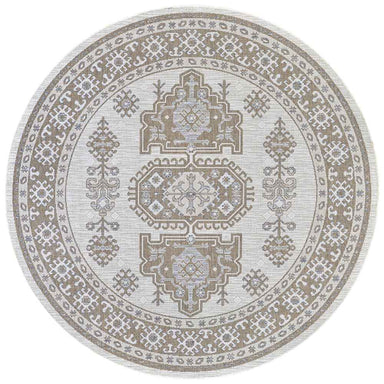 A round Couristan Charm Indoor/Outdoor Rug - Woodburn/Ivory-Sand features a symmetrical medallion pattern in soft ivory, sand, and grey tones