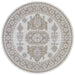 A round Couristan Charm Indoor/Outdoor Rug - Woodburn/Ivory-Sand features a symmetrical medallion pattern in soft ivory, sand, and grey tones