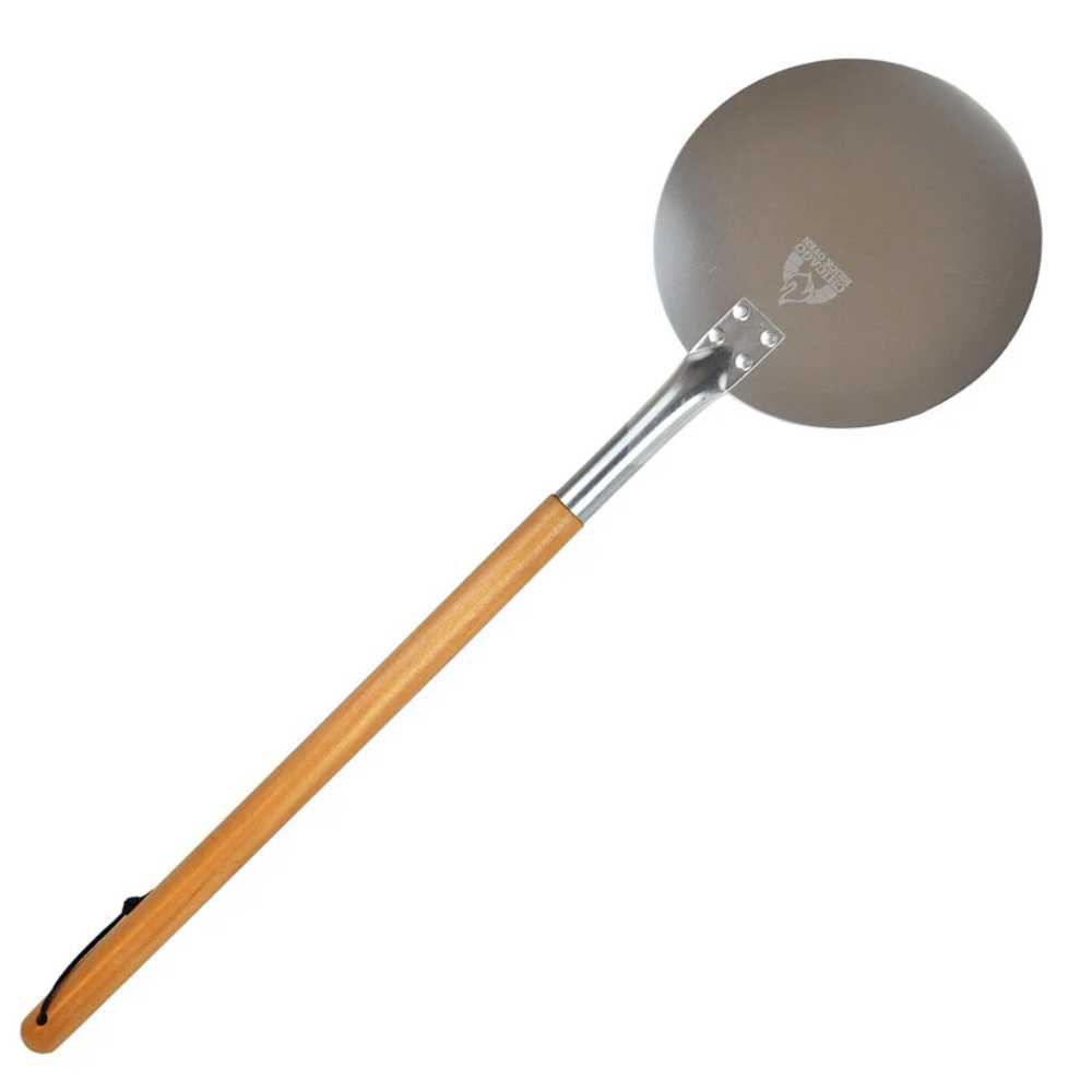 A round pizza peel with a long wooden handle, included in the Chicago Brick Oven – The Enthusiast Accessories Package