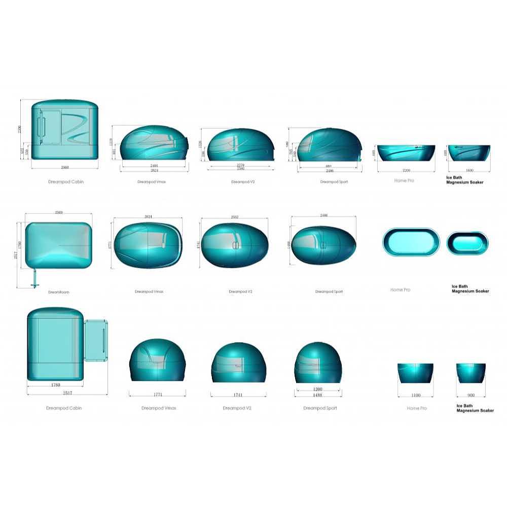 A schematic image displays multiple Dreampod designs, such as the Dreampod Mineral Soaker, highlighting each model’s shape and dimensions in a structured layout