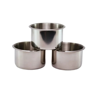 A set of three stacked 4inch stainless steel cups designed for a BBO poker tables.