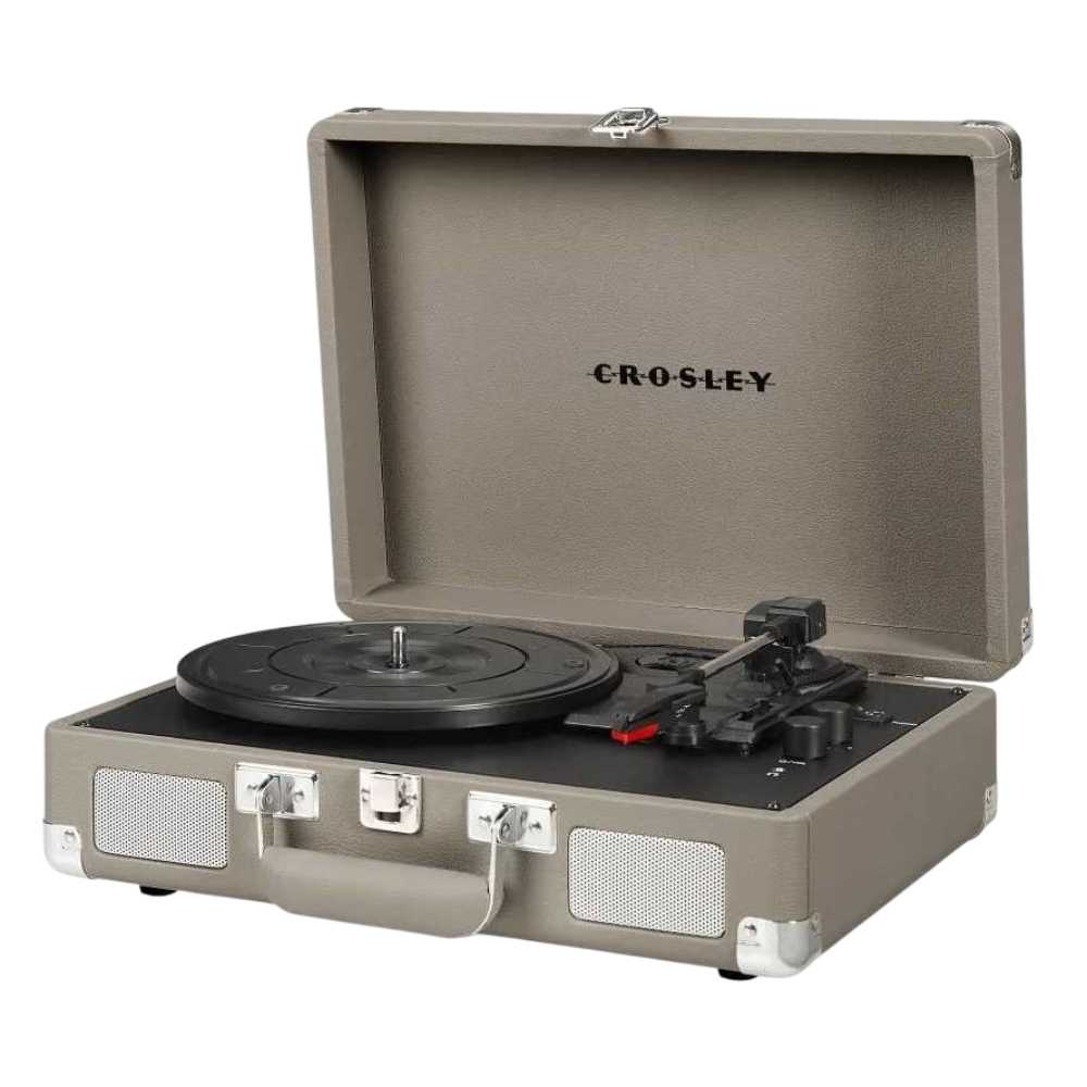 A side-angled view of the Crosley Cruiser Plus Portable Turntable with Bluetooth InOut - Taupe