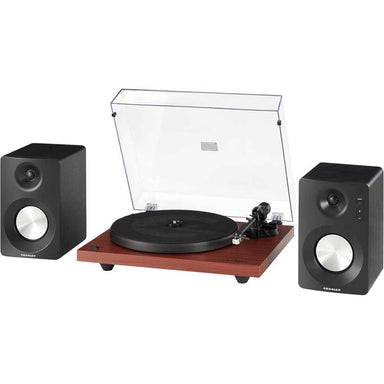 A side-angled view of the Crosley KT6101 K-Series Turntable System - Mahogany shows its open dust cover and speakers