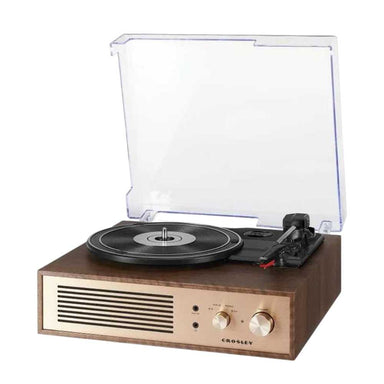 A side-angled view of the Crosley Miles Record Player - Walnut showcases its compact design and premium finish with the lid open