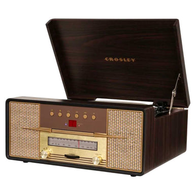 A side-angled view of the Crosley Rhapsody Entertainment Center - Mahogany displays the open lid