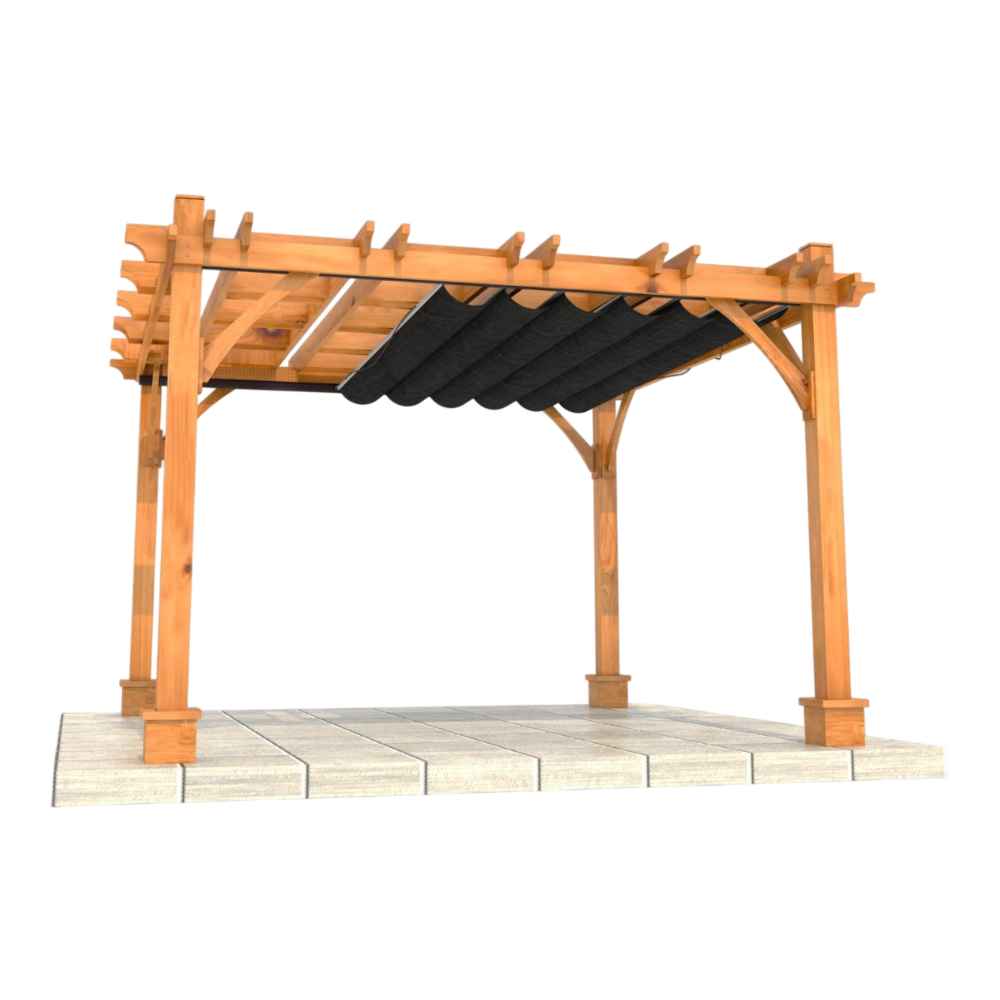 A side-angle image of the 8 x 10 Outdoor Living Today Western Red Cedar Pergola & Canopy shows the pergola structure with a partially extended black fabric canopy beneath