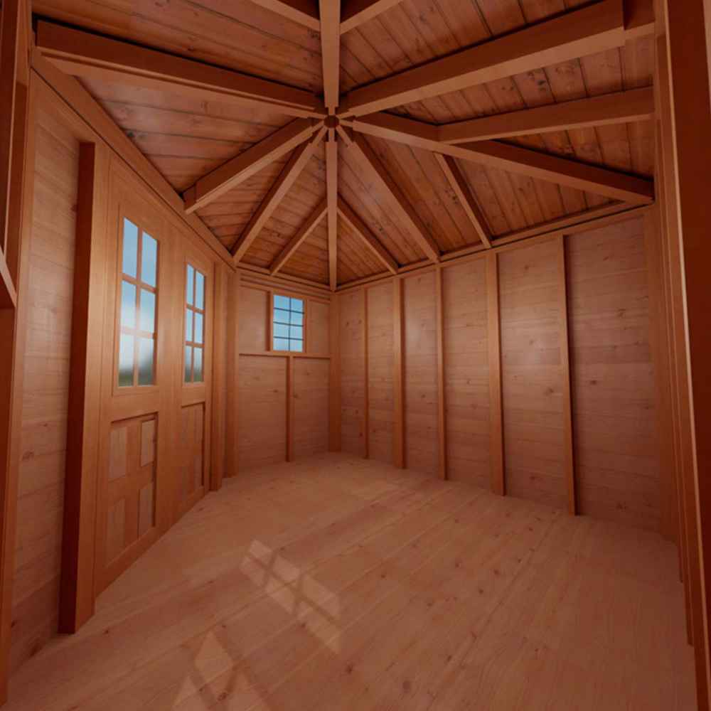 A side-angle view inside the Outdoor Living Today 9×9 Penthouse Garden Shed highlights the tall wooden walls and multiple bright windows