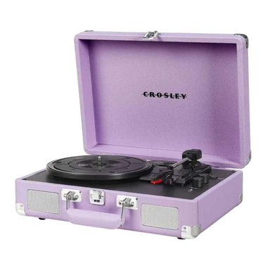 A side-angle view of the Crosley Cruiser Plus Portable Turntable with Bluetooth InOut - Lavender