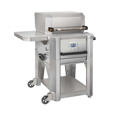 A side-angle view of the Memphis Grills Elevate™ 30 Freestanding Pellet Grill, highlighting the side shelf, robust legs, and precision craftsmanship of the grill