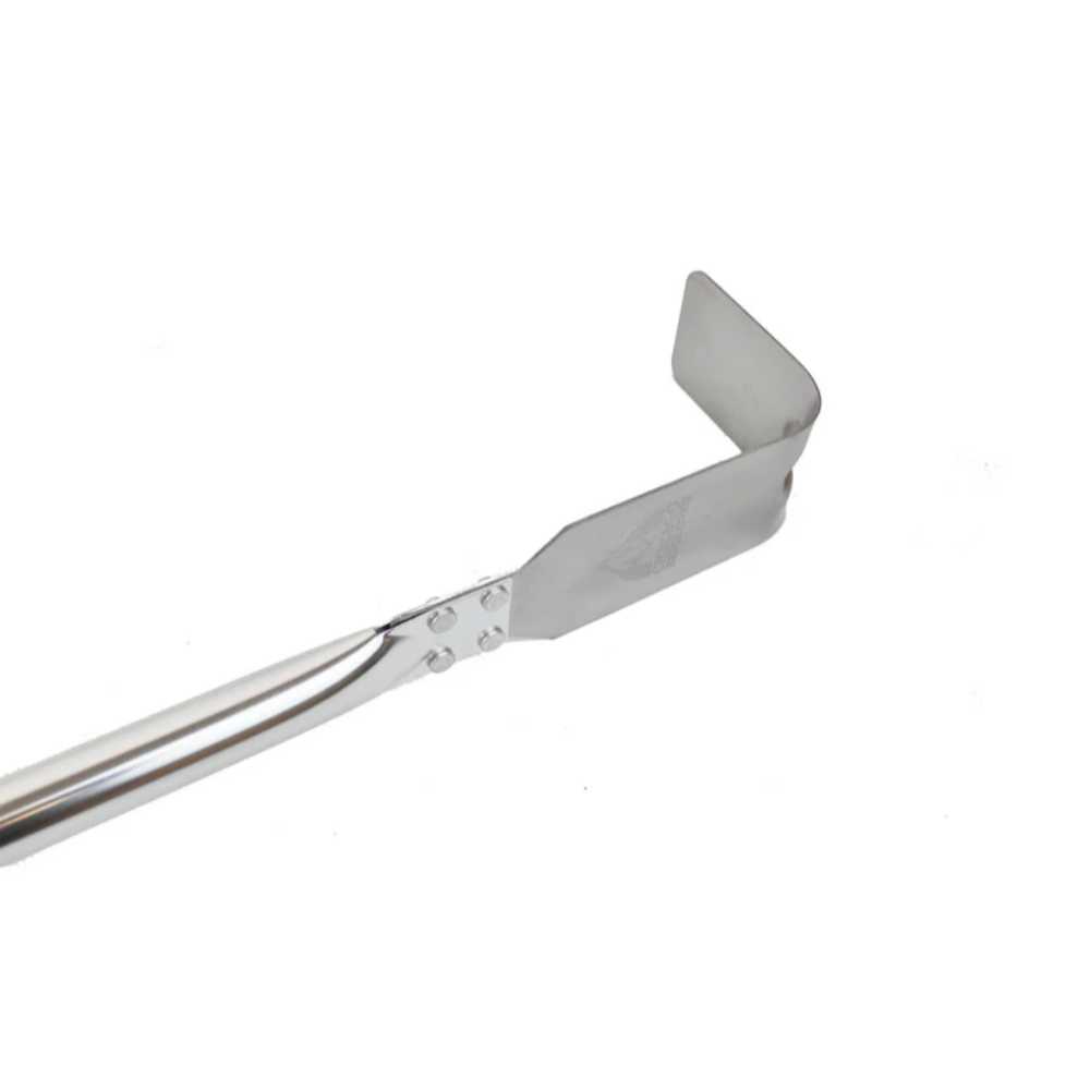 A side angle of the Chicago Brick Oven Stainless Steel Ash Hook with Wooden Handle (Length 50)