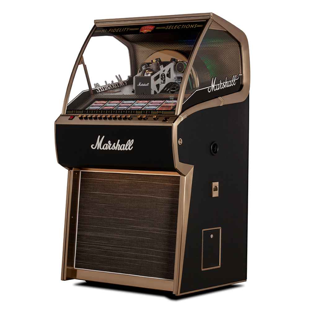 A side angle of the Marshall Rocket Vinyl Jukebox - Black highlights its sleek design and curved glass top