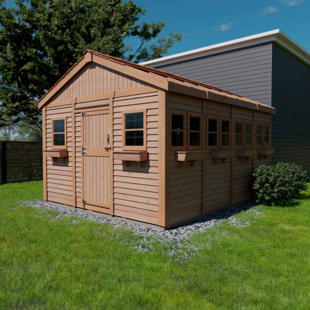 A side angle of the Outdoor Living Today 12×16 Sunshed Garden Shed with many windows, flower boxes, and a neatly trimmed yard