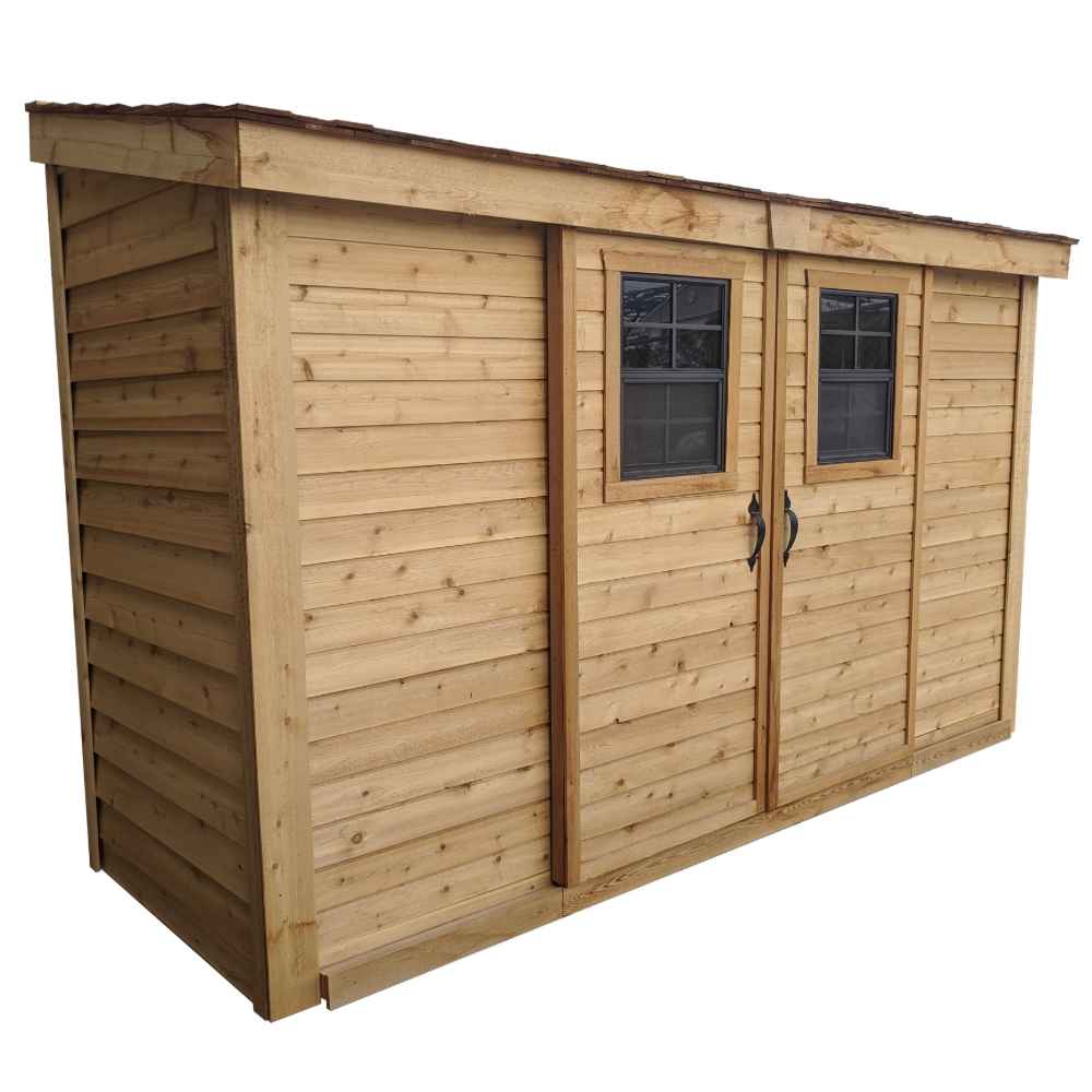 A side angle shows the sturdy wooden build of the Outdoor Living Today GardenSaver 12×4 with Sliding Doors against a plain white background