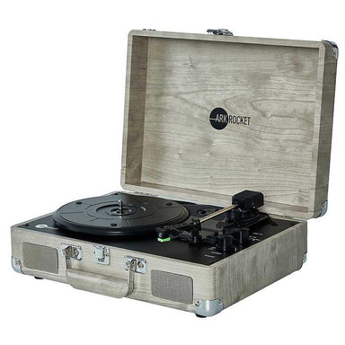 A side view of Arkrocket Curiosity Suitcase Bluetooth Turntable (Gray Wood Grain) highlights its minimalist design and closed portable case