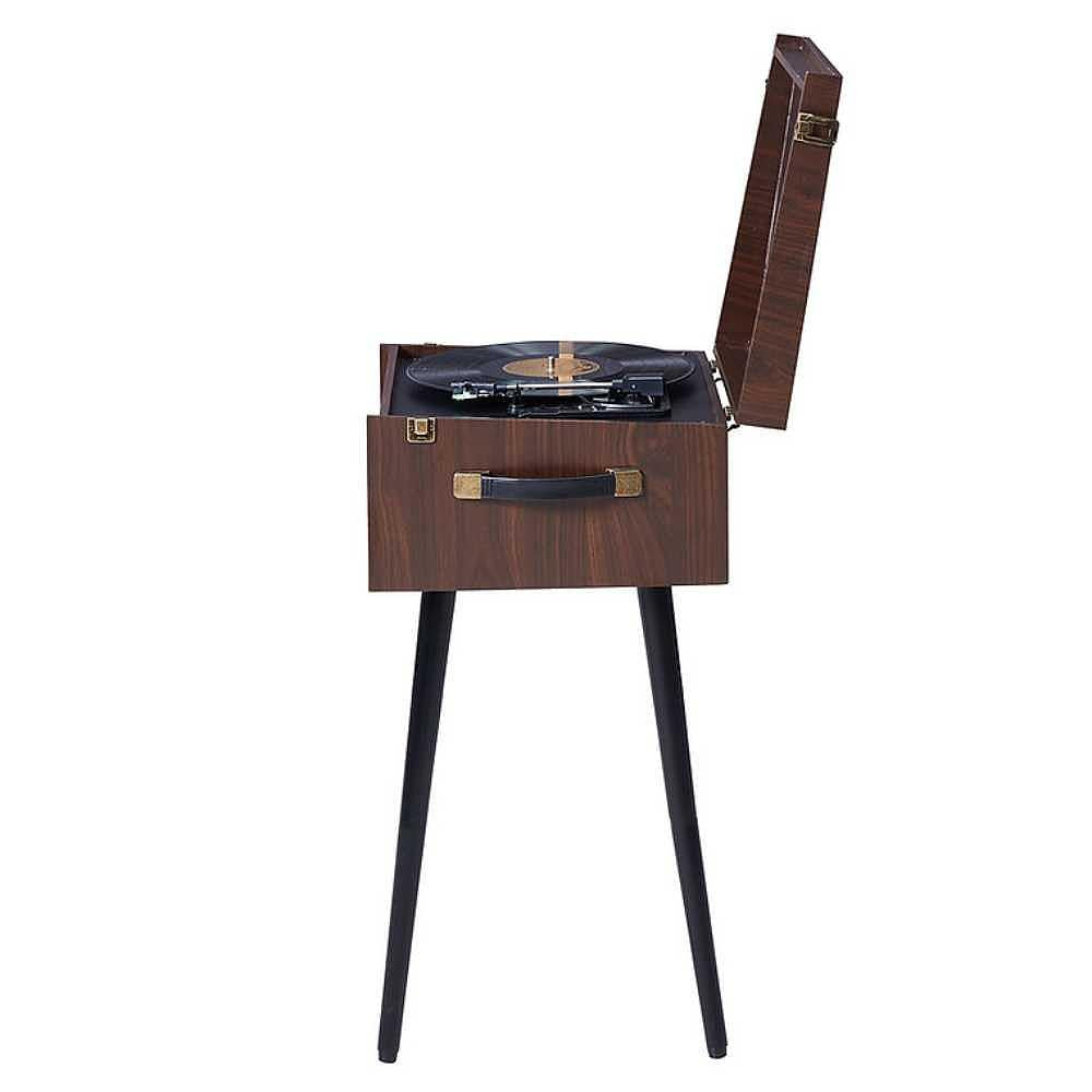 A side view of the Arkrocket Discovery II Bluetooth Record Player Stand with 3-Speed Turntable (Espresso) wirh compact, vintage suitcase design