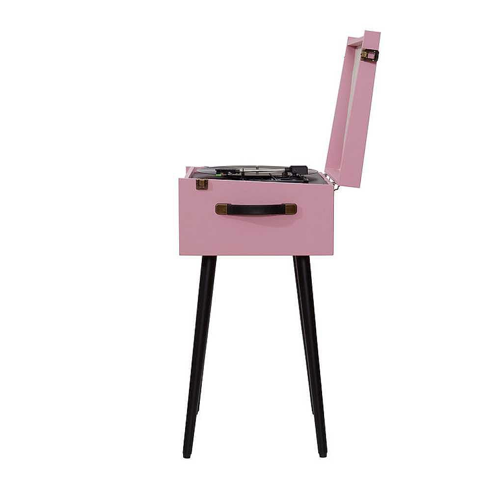 A side view of the Arkrocket Discovery II Bluetooth Turntable Record Player With Legs (Pink) shows the opened lid and the record player inside