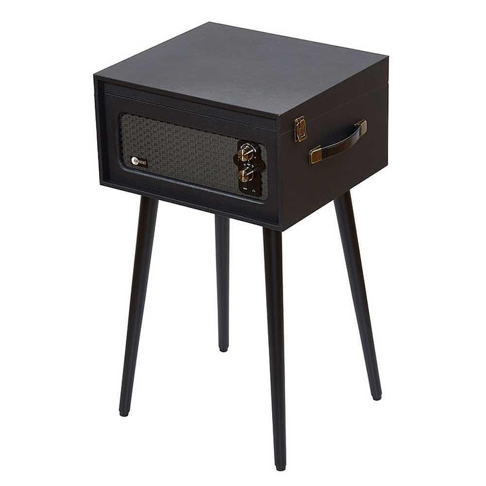 A side view of the Arkrocket Retro Turntable Wireless Record Player With Legs (Black) shows its vintage-style knobs and compact speaker design