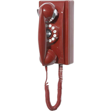 A side view of the Crosley 302 Wall Phone - Red, showing its vintage rotary dial and compact wall-mounted design